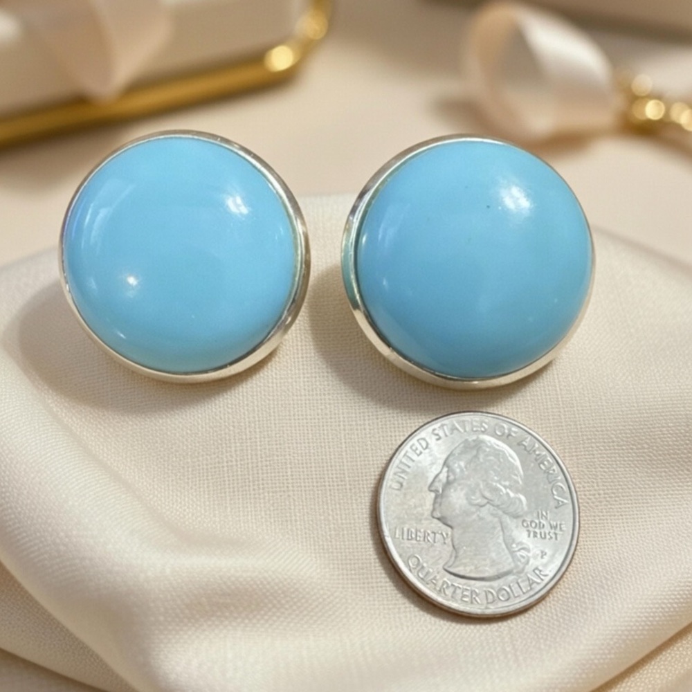 Vintage Stamped CHAREL Turquoise Color Round Large Button Stud Clip on Earrings - Picture 2 of 3